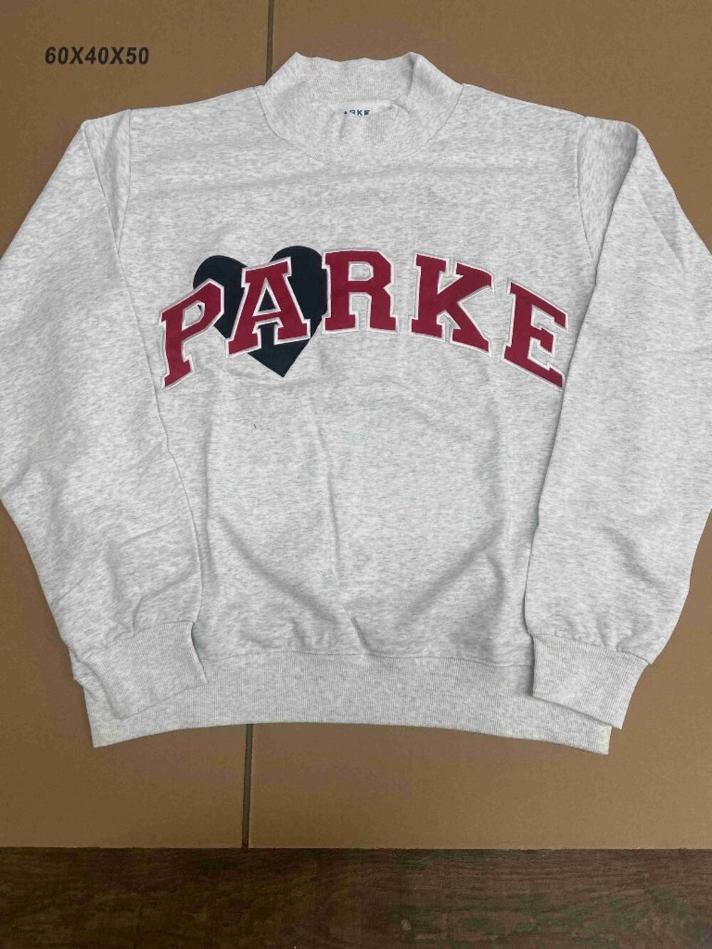 Parke Heather Gray Mock Neck Sweatshirt Black Heart Red Letter Logo